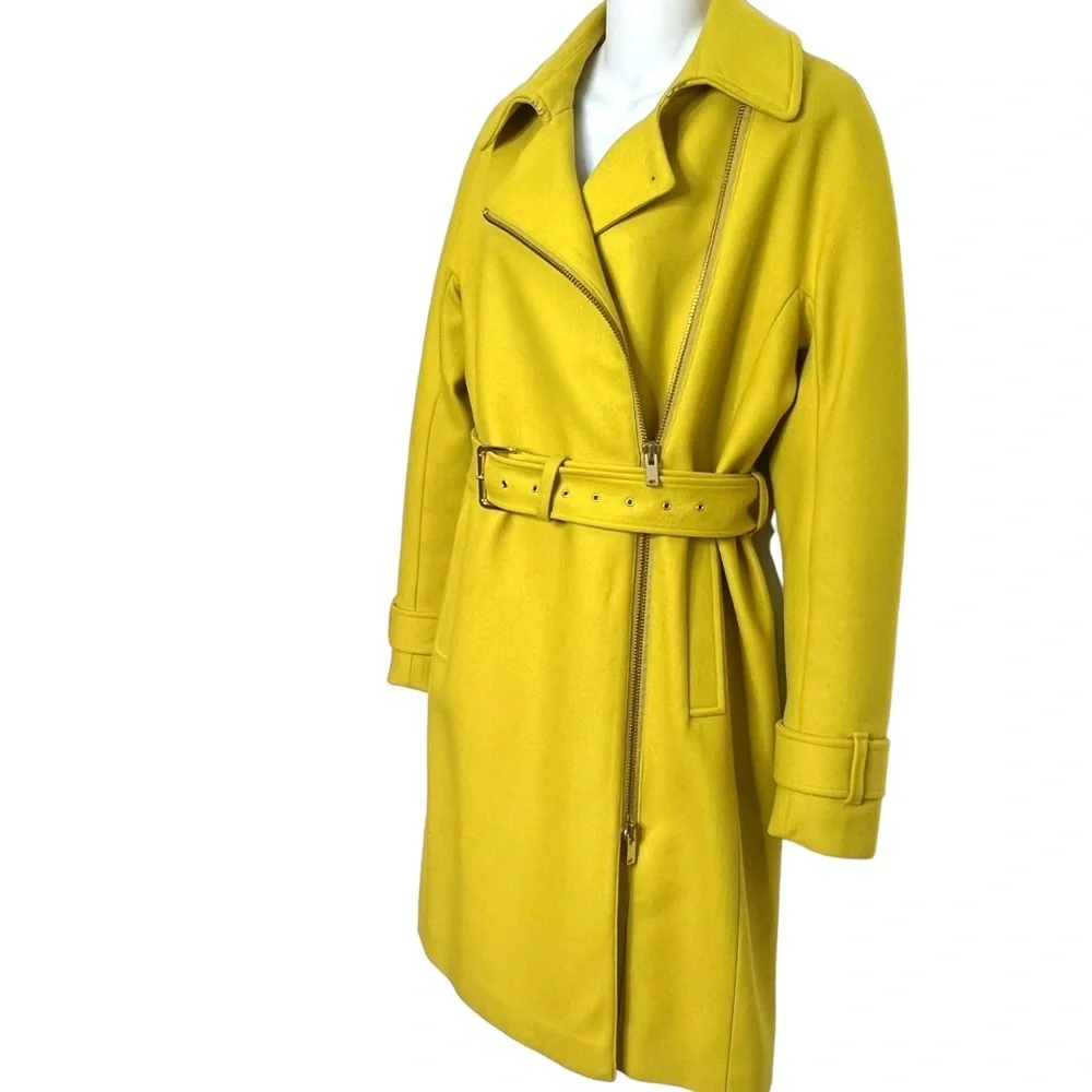 J.CREW GOLD MELTON WOOL ASYMMETRICAL ZIP FRONT BELTED TRENCH COAT SIZE 8 - Picture 4 of 13